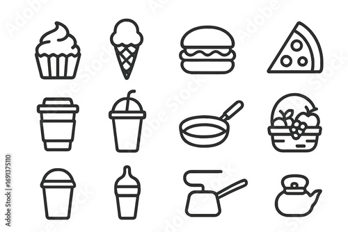 Food Icon Grid. Outline icon set of food-related fun day: cupcake, ice cream cone, burger, pizza slice, coffee