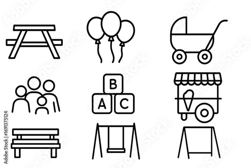 Family Fun Icons. Outline icon set of family fun day: picnic table, balloons, stroller, family group, toy