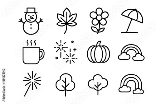 Seasonal Fun Icons. Outline icon set of seasonal fun days: snowman, autumn leaf, spring flower, beach umbrella