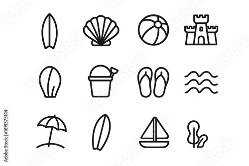 Beach Day Icons. Outline icon set of beach fun day: surfboard, seashell, beach ball, sandcastle, bucket and