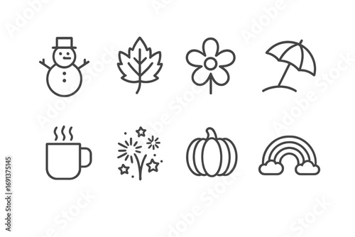 Seasonal Fun Icons. Outline icon set of seasonal fun days: snowman, autumn leaf, spring flower, beach umbrella