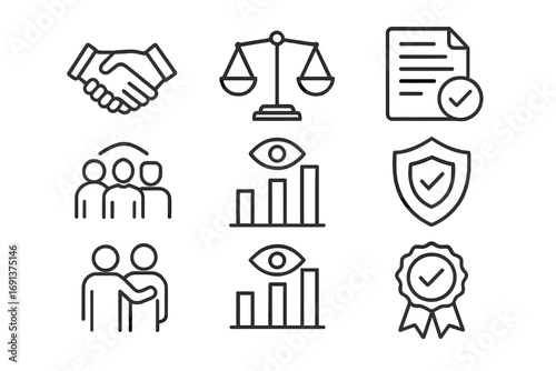 Professional Ethics Icons. Outline icon set of professional ethics in competitive job markets: handshake,