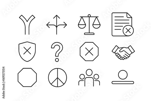 Conflict Avoidance Icons. Outline icon set of avoiding conflicts of interest: split path, decision arrows,