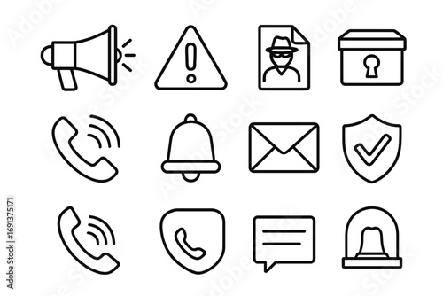 Whistleblowing Icon Set. Outline icon set of whistleblowing and reporting: megaphone, warning triangle,