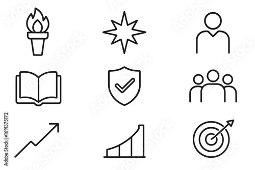 Ethical Leadership Icons. Outline icon set of ethical leadership: torch, guiding star, leader figure, open