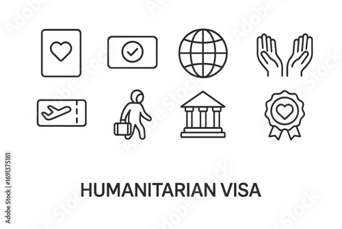 Humanitarian Visa Icons. Outline icon set of humanitarian visas: passport with heart, visa stamp, globe,
