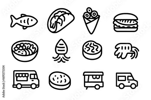 Seafood Street Food Icons. Outline icon set of seafood street food: fried fish, shrimp taco, calamari cone,