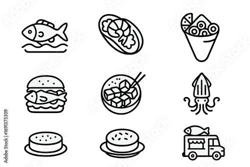 Seafood Street Food Icons. Outline icon set of seafood street food: fried fish, shrimp taco, calamari cone,