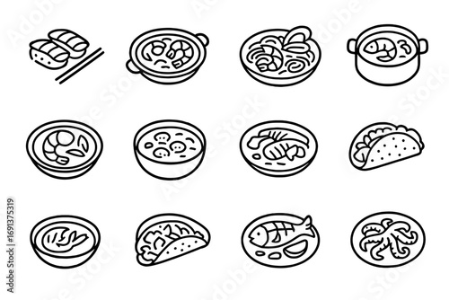 Global Seafood Icons. Outline icon set of global seafood dishes: Japanese sushi, Spanish paella, Italian