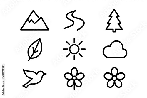 Nature Icons Grid. Outline icon set of nature reference designs: mountain peak, river flow, forest tree, leaf