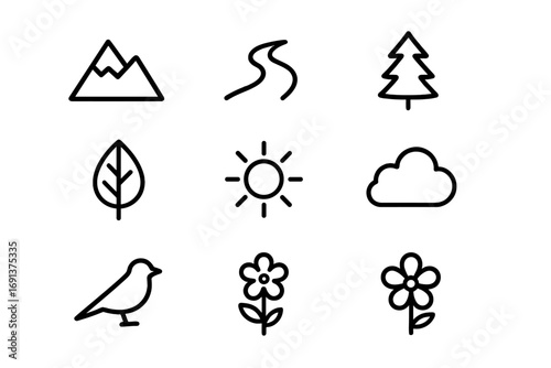 Nature Icons Grid. Outline icon set of nature reference designs: mountain peak, river flow, forest tree, leaf