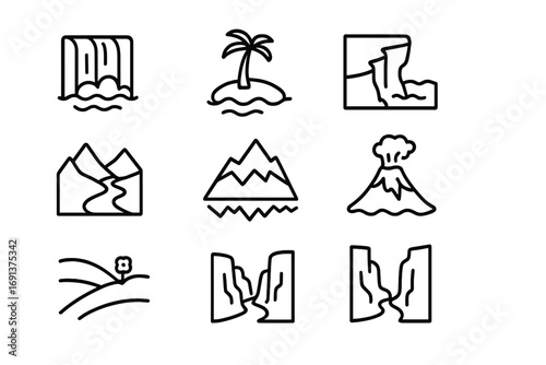 Natural Landscape Icons. Outline icon set of natural landscapes: waterfall, island with palm, cliff, valley,
