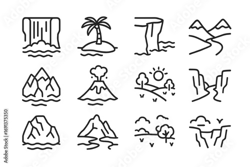 Natural Landscape Icons. Outline icon set of natural landscapes: waterfall, island with palm, cliff, valley,
