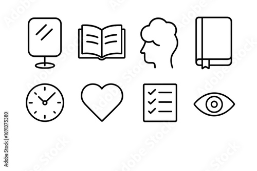 Self-Reflection Icon Set. Outline icon set of self-reflection: mirror, open book, head with thought bubble,