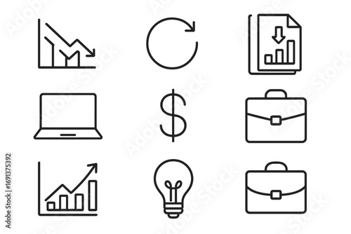 Business Recovery Icons. Outline icon set of business failure recovery: falling chart, restart button,