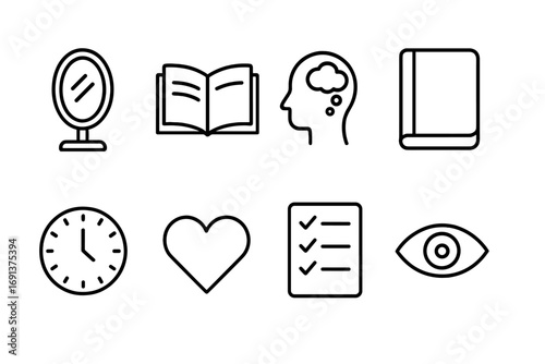 Self-Reflection Icon Set. Outline icon set of self-reflection: mirror, open book, head with thought bubble,