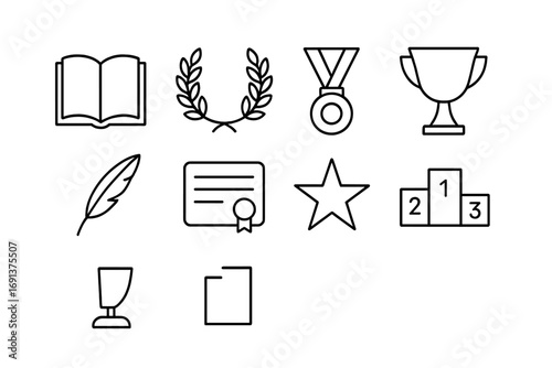 Literary Award Icons. Outline icon set of literary awards: open book, laurel wreath, award medal, trophy cup,