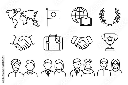 Global Literary Icons. Outline icon set of global literary recognition: world map, international flag, globe