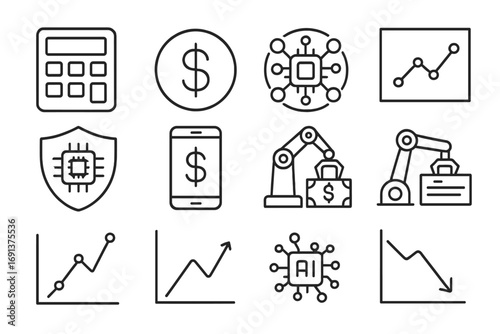 AI Finance Icons. Outline icon set of AI in finance: calculator, dollar sign, blockchain coin, analytics chart