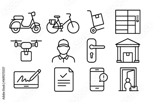 Last Mile Delivery Icons. Outline icon set of last mile delivery: scooter, bicycle with basket, hand truck, package locker, drone