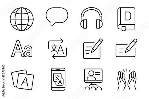 Language Learning Icons. Outline icon set of language learning: globe, speech bubble, dictionary, headphones, alphabet letters,