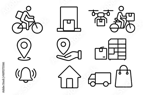 Last Mile Delivery Icons. Outline icon set of last mile delivery: bicycle courier, package on doorstep, delivery drone, scooter