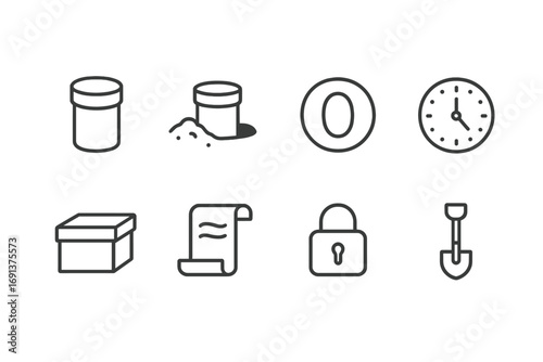 Time Capsule Icons. Outline icon set of time capsule design: sealed container, buried capsule, date stamp,