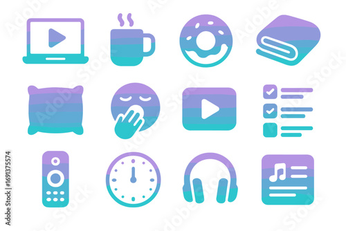 Late-Night Binge Icons. Gradient icons set of late-night binge-watching: laptop screen, coffee mug, donut, blanket, pillow,