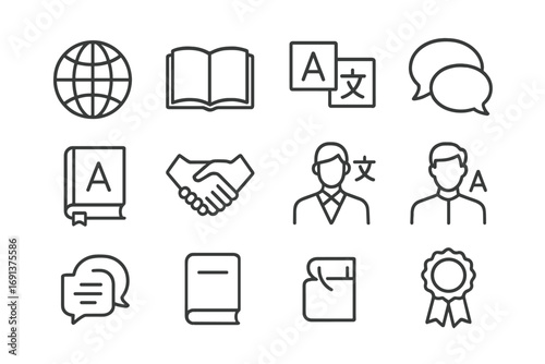 Translation Awards Icons. Outline icon set of translation awards: globe, open book, language letters, speech