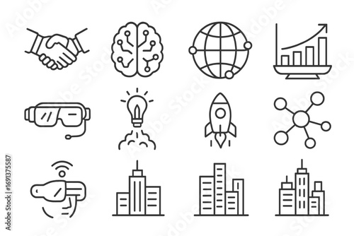 AI Business Icon Set. Outline icon set of future of AI in business: robot handshake, circuit brain, global