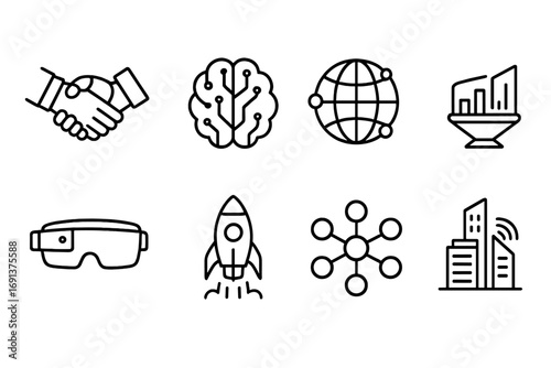 AI Business Icon Set. Outline icon set of future of AI in business: robot handshake, circuit brain, global