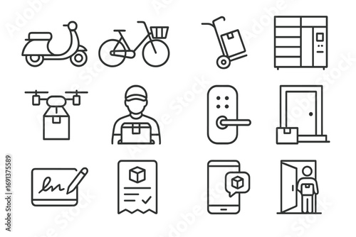 Last Mile Delivery Icons. Outline icon set of last mile delivery: scooter, bicycle with basket, hand truck, package locker, drone