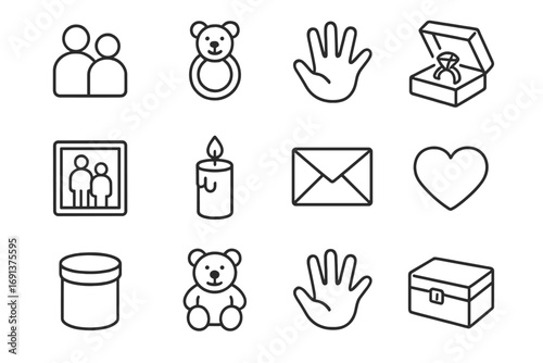 Family Time Capsule Icons. Outline icon set of family time capsule: family silhouette, baby toy, handprint,