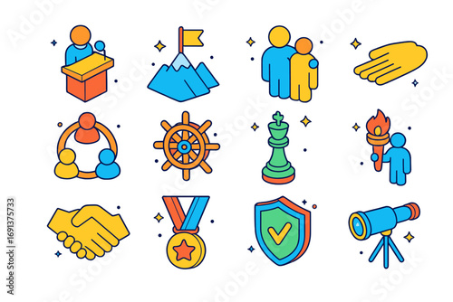 Leadership Icons Collection. Colorful isometric vector icons set of leadership habits: podium speaker, flag on mountain, mentor