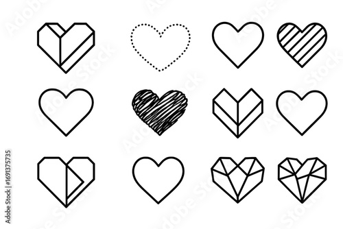 Abstract Heart Icons. Outline icon set of abstract heart shapes: geometric heart, dotted line heart, striped