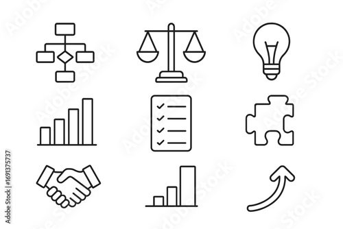 Business Icons Grid. Outline icon set of business decision-making: flowchart, balance scale, light bulb, bar