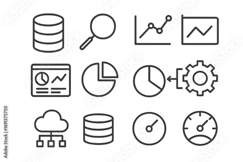 Data Decision Icons. Outline icon set of data-driven decisions: database, magnifying glass, line chart,