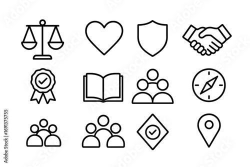 Ethical Icons Grid. Outline icon set of ethical decision-making: scales of justice, heart icon, shield,