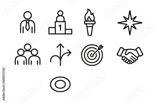 Leadership Icons Grid. Outline icon set of leadership choices: leader figure, podium, torch, guiding star,