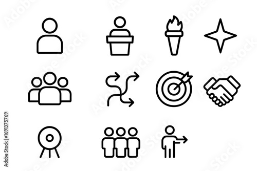 Leadership Icons Grid. Outline icon set of leadership choices: leader figure, podium, torch, guiding star,