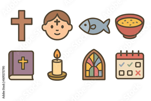 Lent Symbols Icons. Flat vector mini-illustrations Lent observance symbols in colors children's illustrations: cross, ashes on