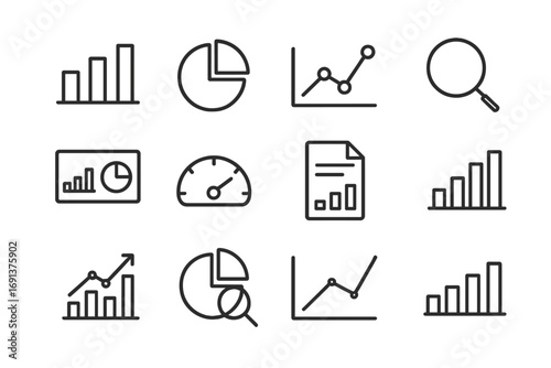 Analytics Icon Set. Outline icon set of reporting and analytics: bar chart, pie chart, line graph, magnifying