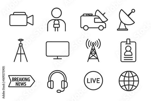 Live Reporting Icons. Outline icon set of reporting live: video camera, reporter with microphone, news van, satellite dish, tripod