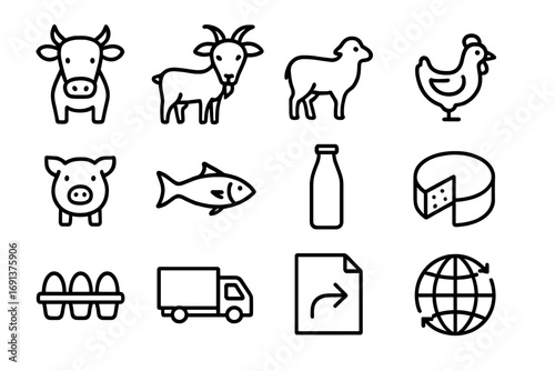 Livestock Trade Icons. Outline icon set of livestock and dairy trade: cow icon, goat, sheep, chicken, pig, fish, dairy bottle,