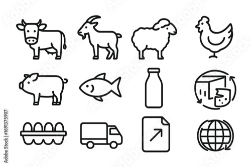 Livestock Trade Icons. Outline icon set of livestock and dairy trade: cow icon, goat, sheep, chicken, pig, fish, dairy bottle,