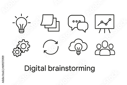 Digital Brainstorm Icons. Outline icon set of digital brainstorming: light bulb, sticky notes, chat bubbles,