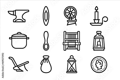 Living History Icons. Outline icon set of living history experiences: blacksmith anvil, weaving shuttle, spinning wheel,