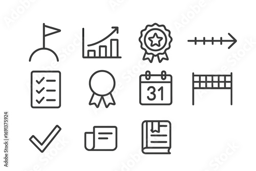 Project Milestones Icons. Outline icon set of project milestones: flag on hill, progress chart, star badge,