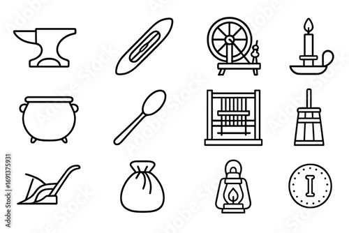Living History Icons. Outline icon set of living history experiences: blacksmith anvil, weaving shuttle, spinning wheel,