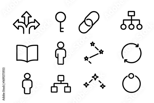 Fate and Freewill Icons. Outline icon set of fate and free will: crossroad arrows, key icon, chain link,